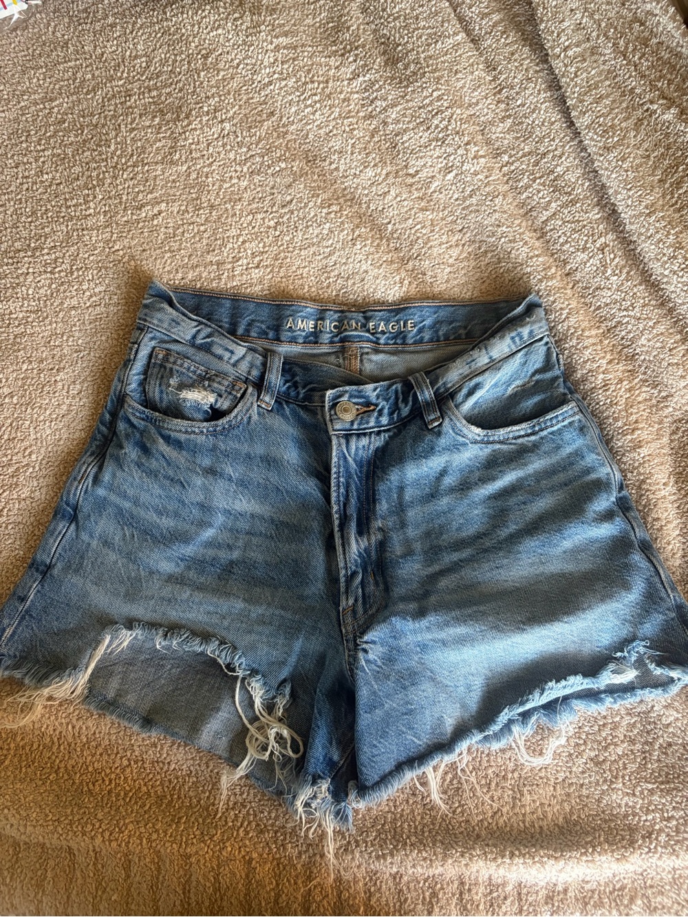 American Eagle Outfitters Blue High-Rise Frayed Denim Shorts